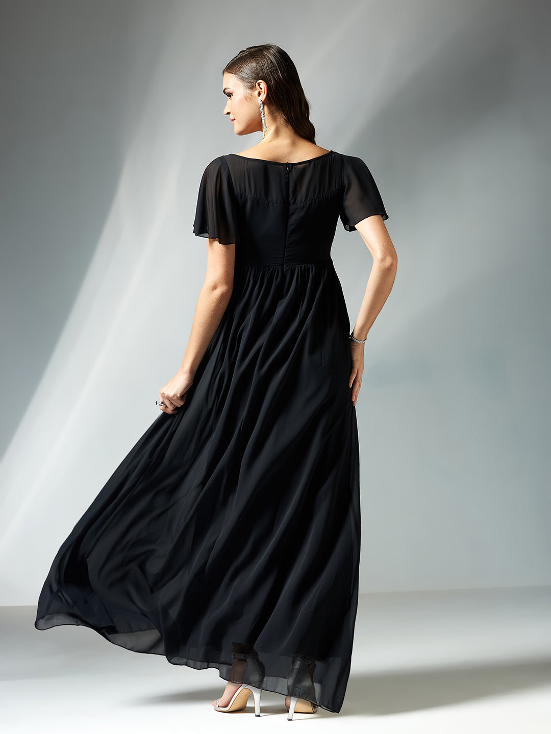 Women's Black Embellished Gathered Maxi Dress