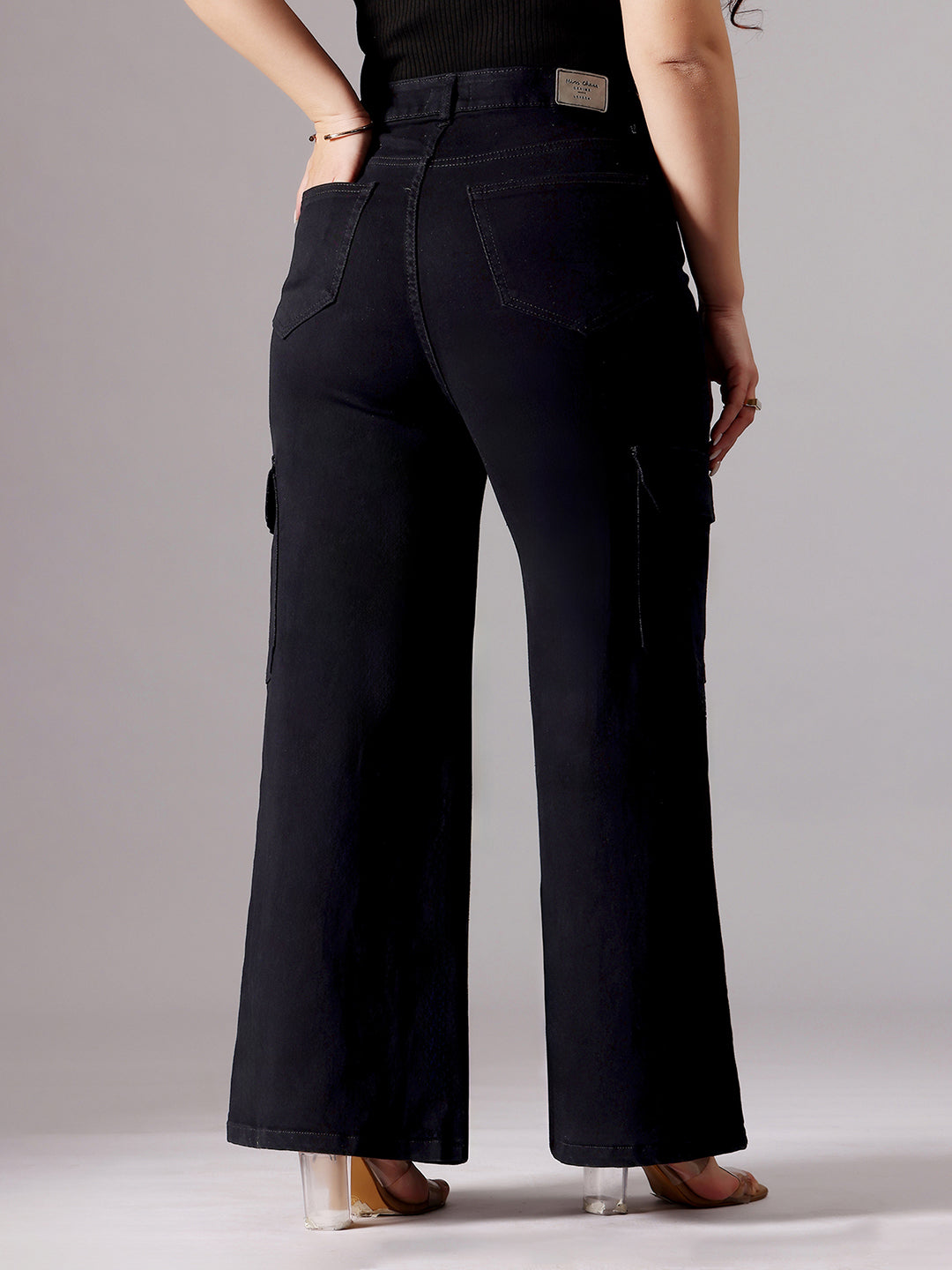 24/7 Comfort Black Wide-Leg High-Rise Clean-Look Patch Pocketed Regular Stretchable Denim Jeans