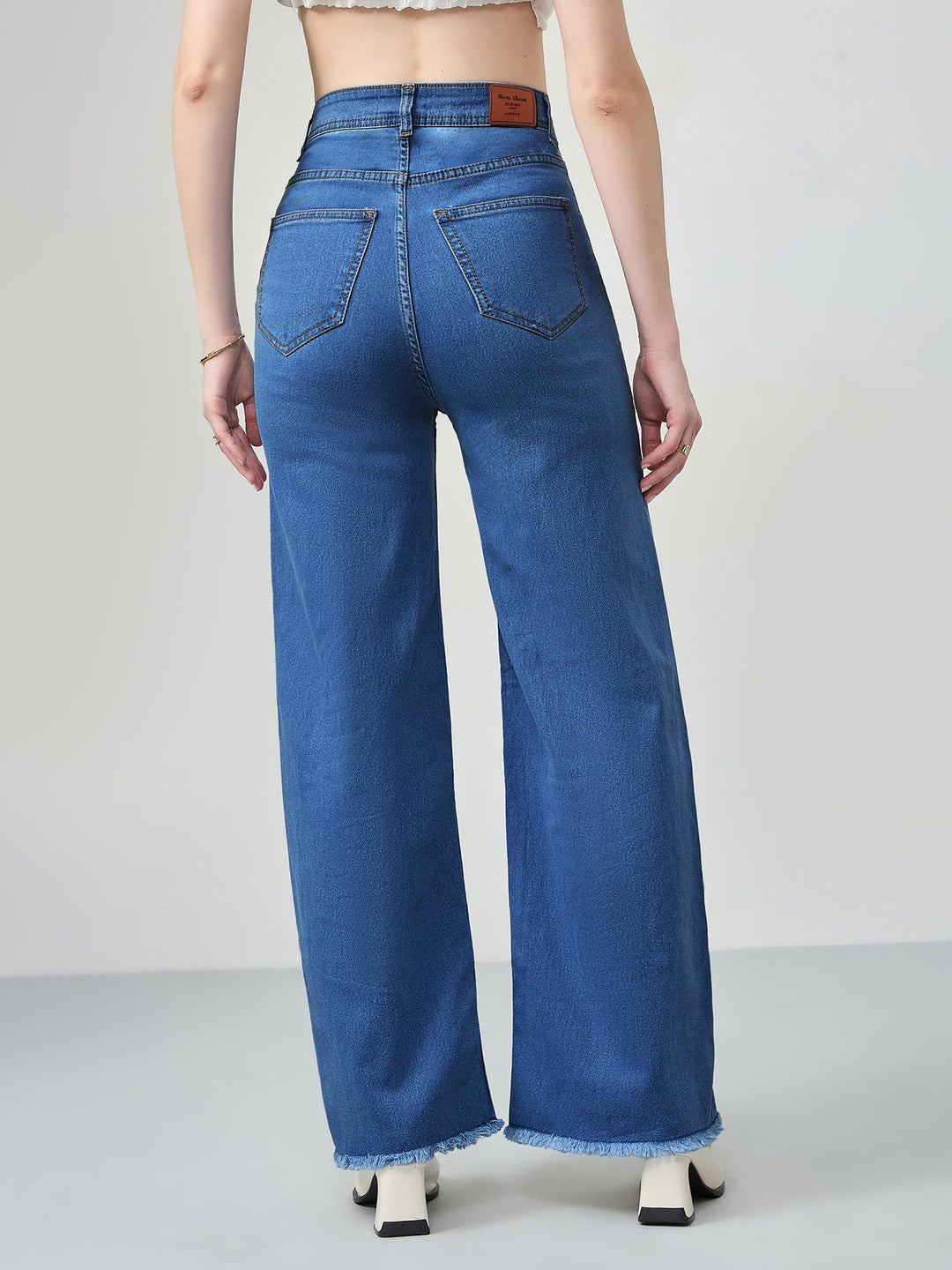 Mid Blue Wide-Leg High-Rise Stretchable Denim Jeans for Women