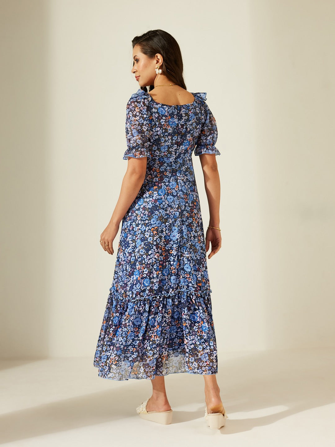Navy Blue V-Neck Puff Sleeve Floral Ruching Ankle-Length Dress for Women