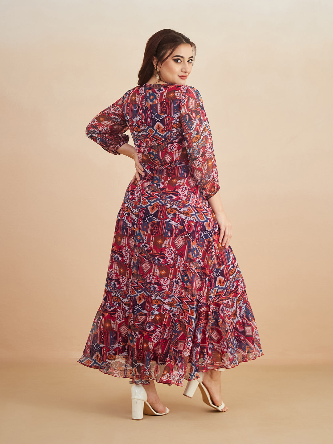 Multicolored V-Neck Three-Quarter Sleeve Geometric Patterned Wrap Midi Chiffon Dress for Women — Miss Chase A+