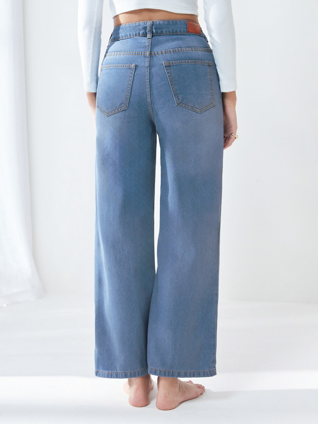 Light Blue Wide-Leg High-Rise Non-stretchable Denim Jeans for Women