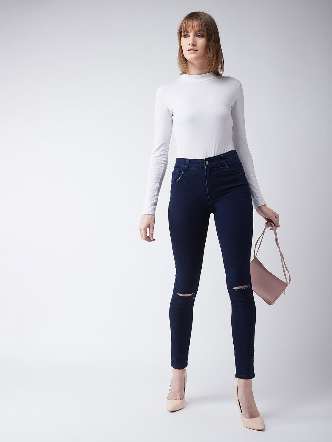 Women's Navy-Blue Skinny-Fit High-Rise Knee-Slit Stretchable Denim Jeans