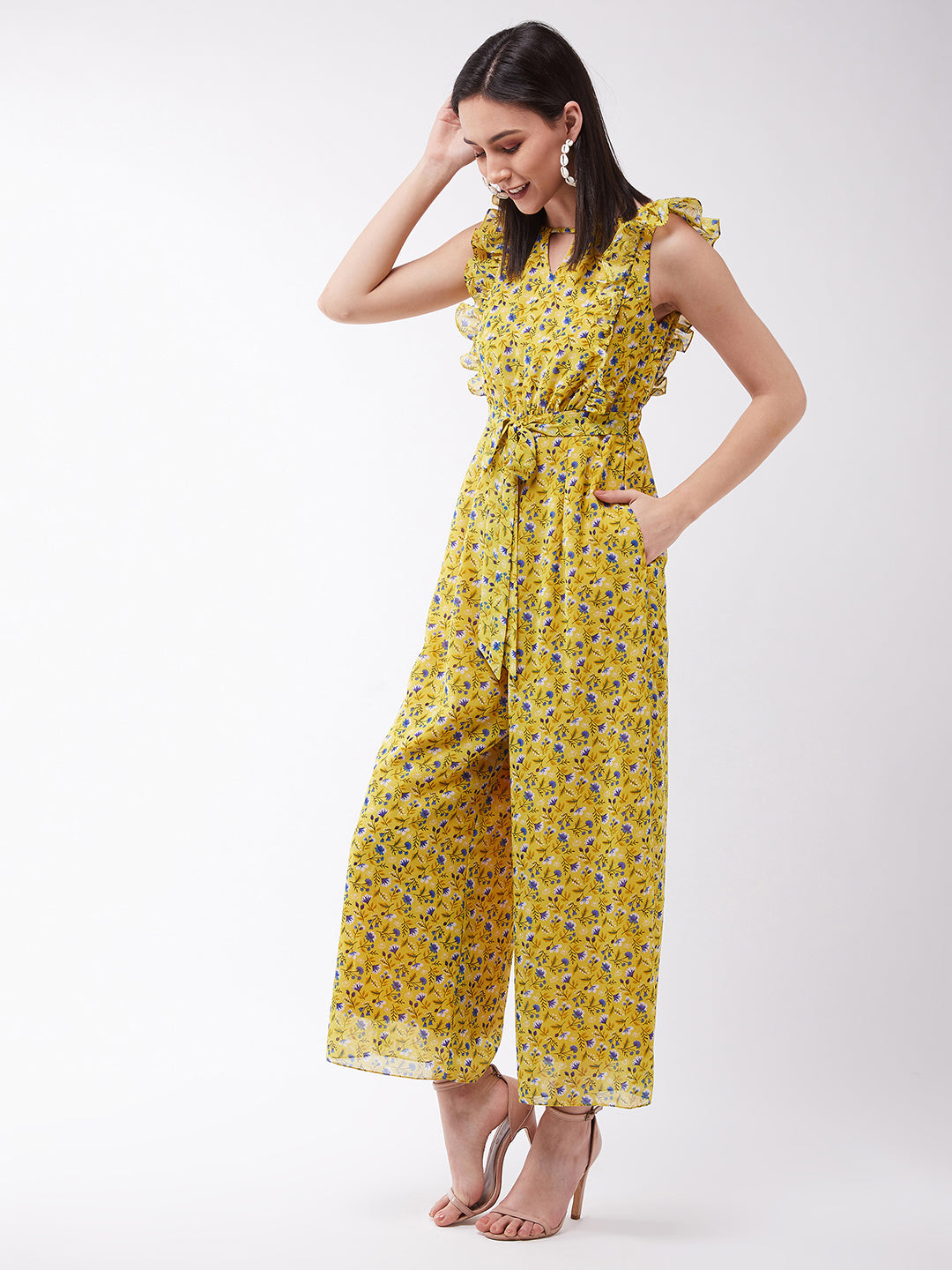 Women's Multicolored-Base-Yellow Round neck Sleeveless Floral Wide-Leg Regular Jumpsuit