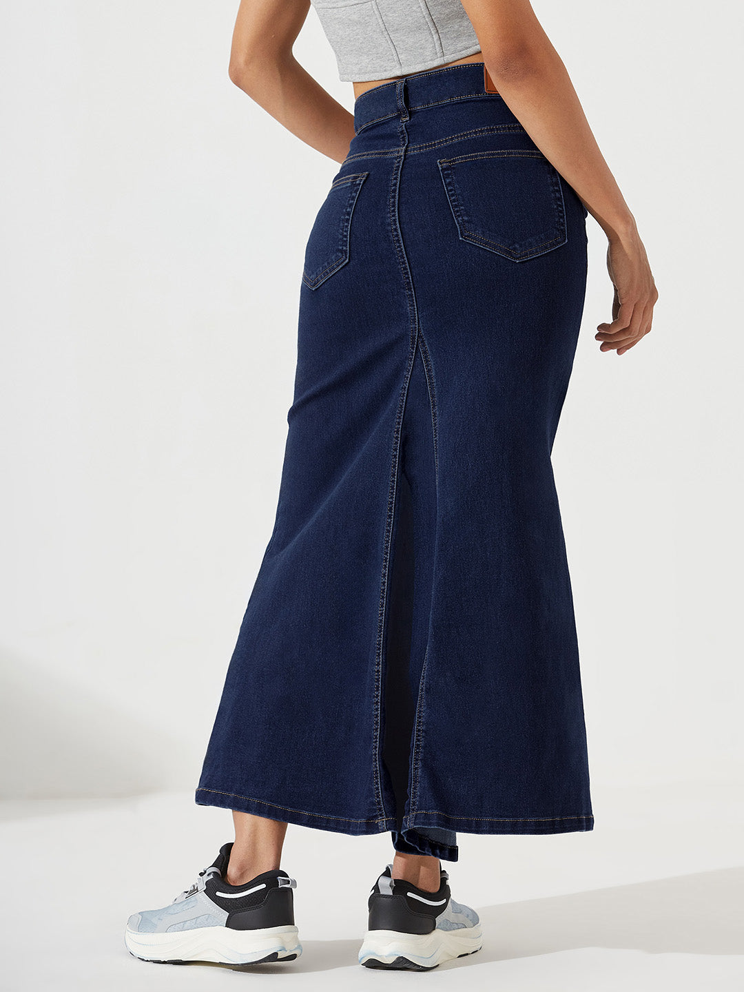 Dark Blue Flared High-Rise Stretchable Denim Maxi Skirt for Women