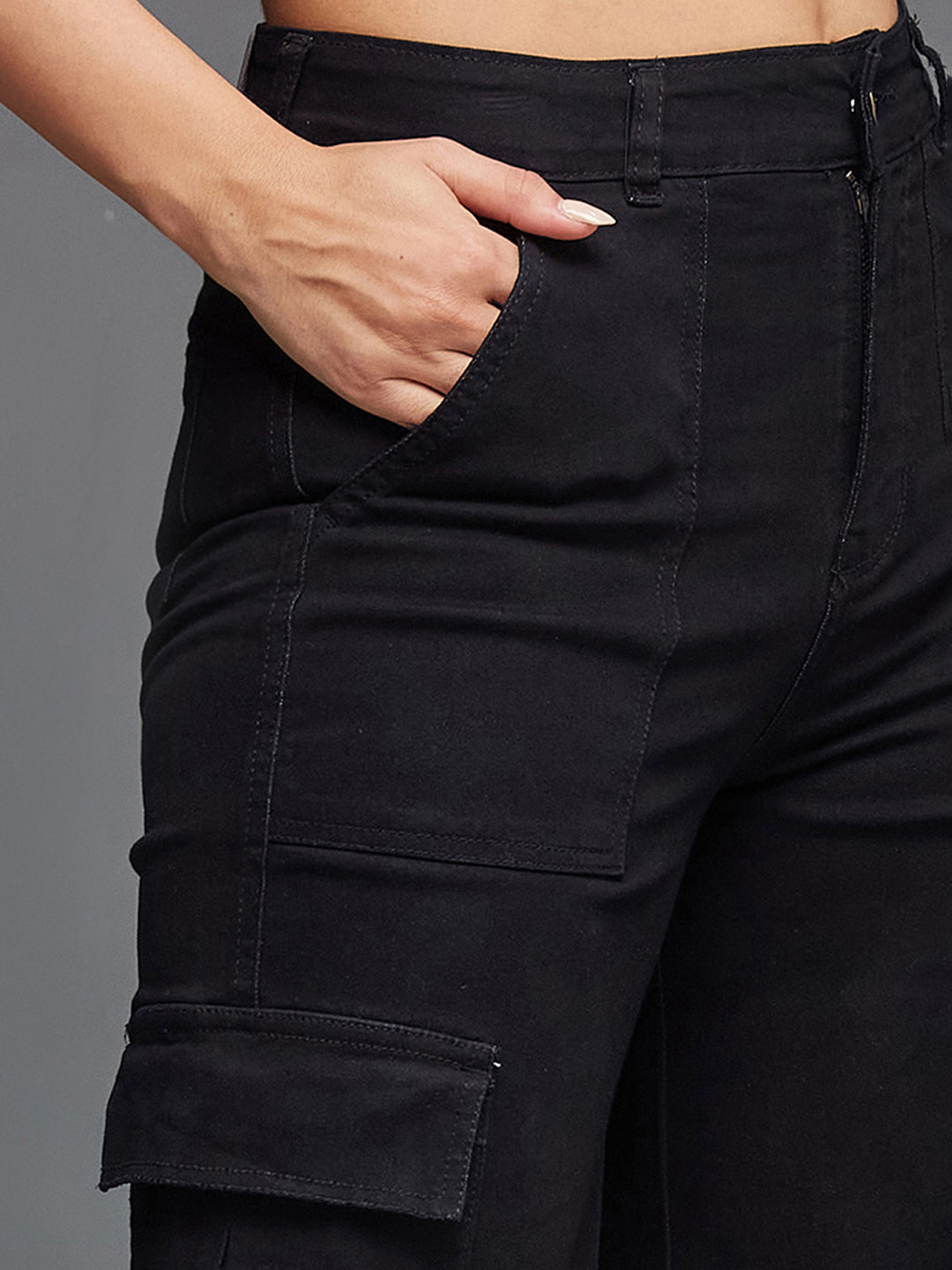 24/7 Comfort Black Wide-Leg High-Rise Stretchable Denim Cargo Jeans