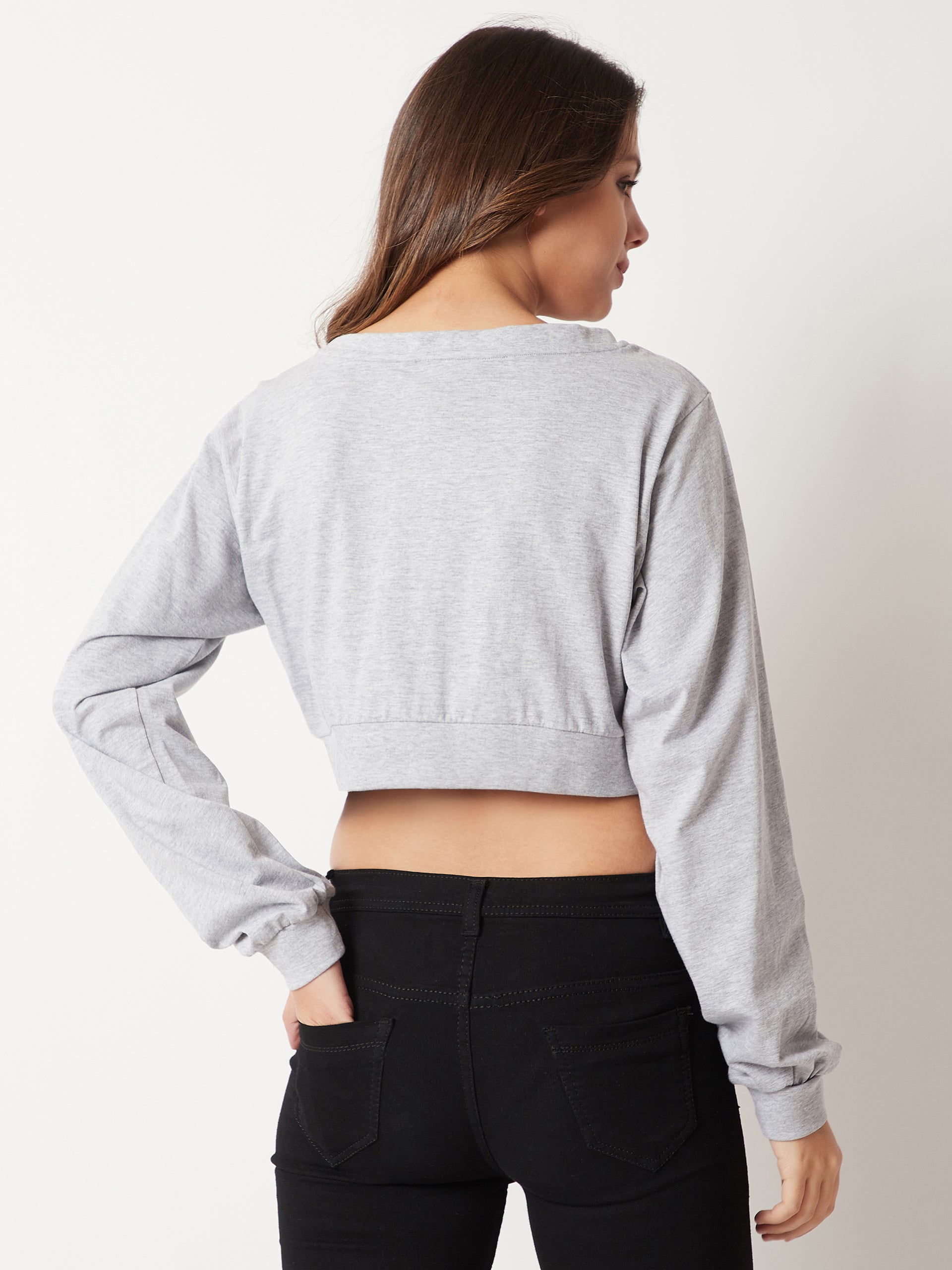 Women's Grey Round Neck Full Sleeve Cotton Solid Boxy Pompom Detailing Crop Top