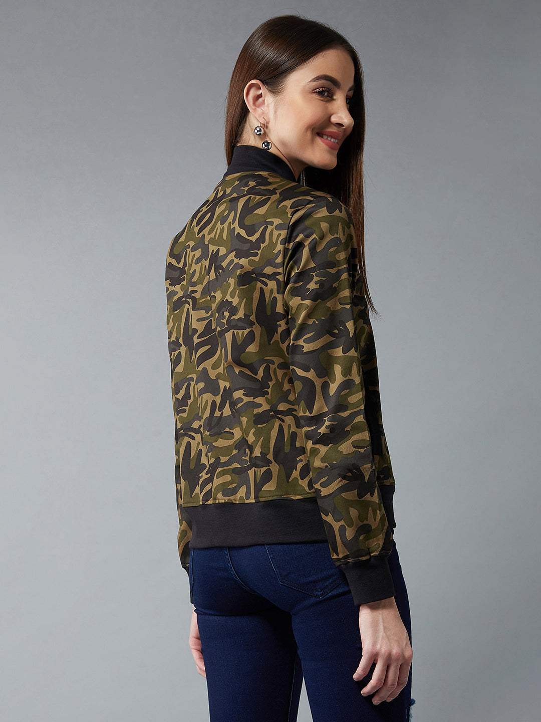 Women's Multicolor-Base Olive Green Stand Collar Full Sleeves Cotton Bomber Regular Length Jacket