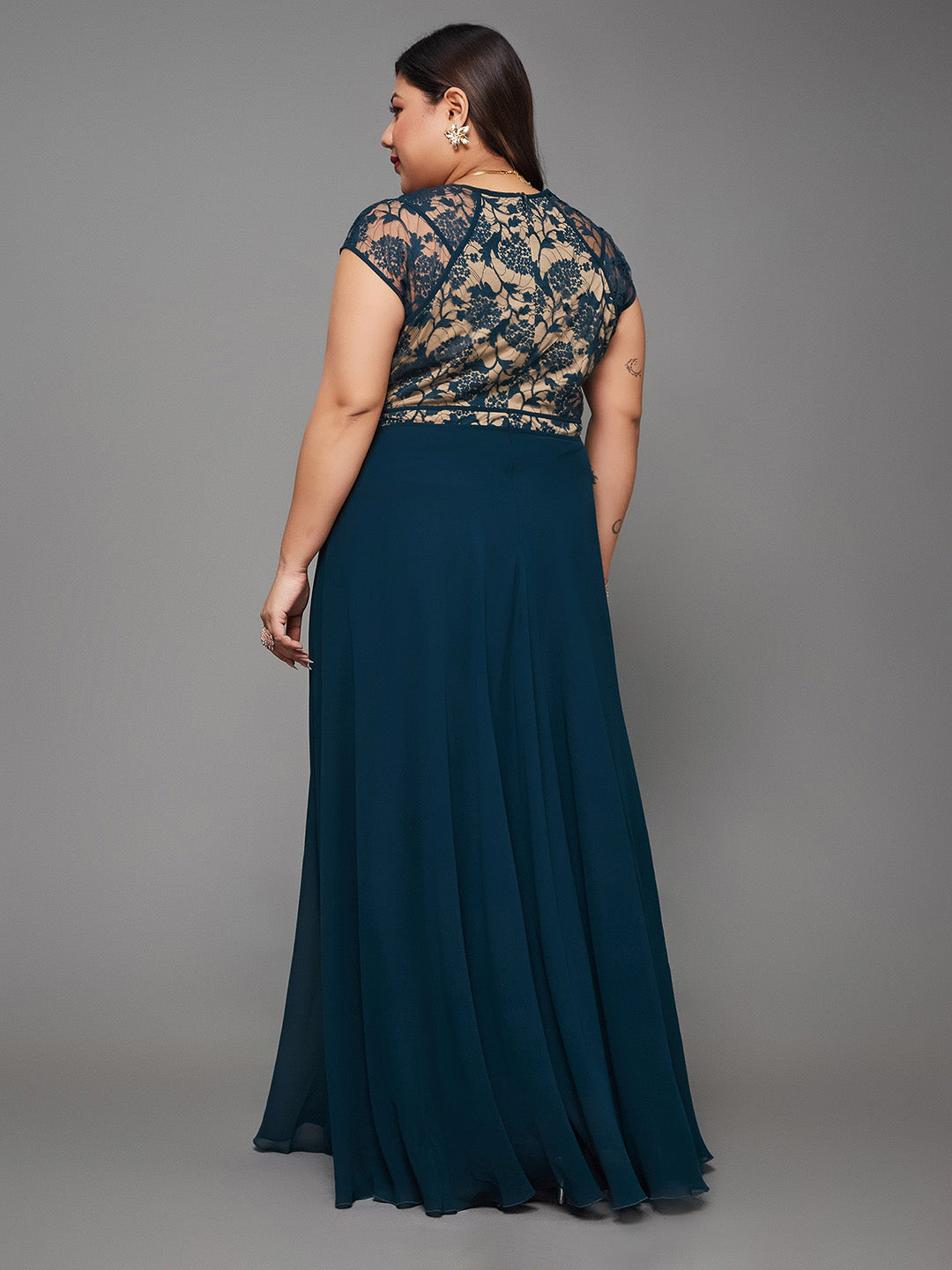 Teal Floral V - Neck Cap Short Sleeves Lace Overlaid Fit & Flare Paneled Maxi Dress for Women