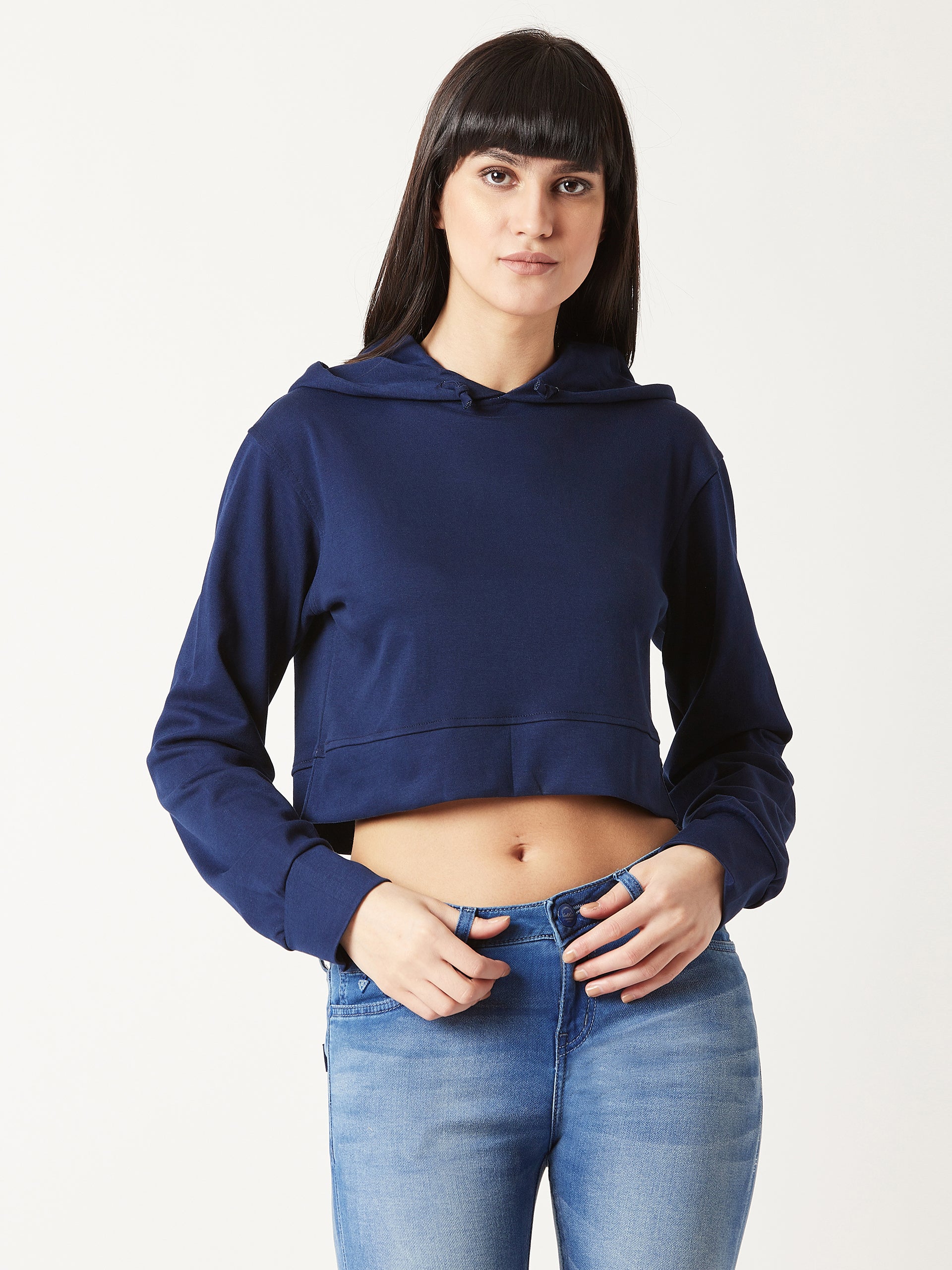 Women's Navy Blue Solid Round Neck Full Sleeve Hooded Boxy Crop Sweatshirt