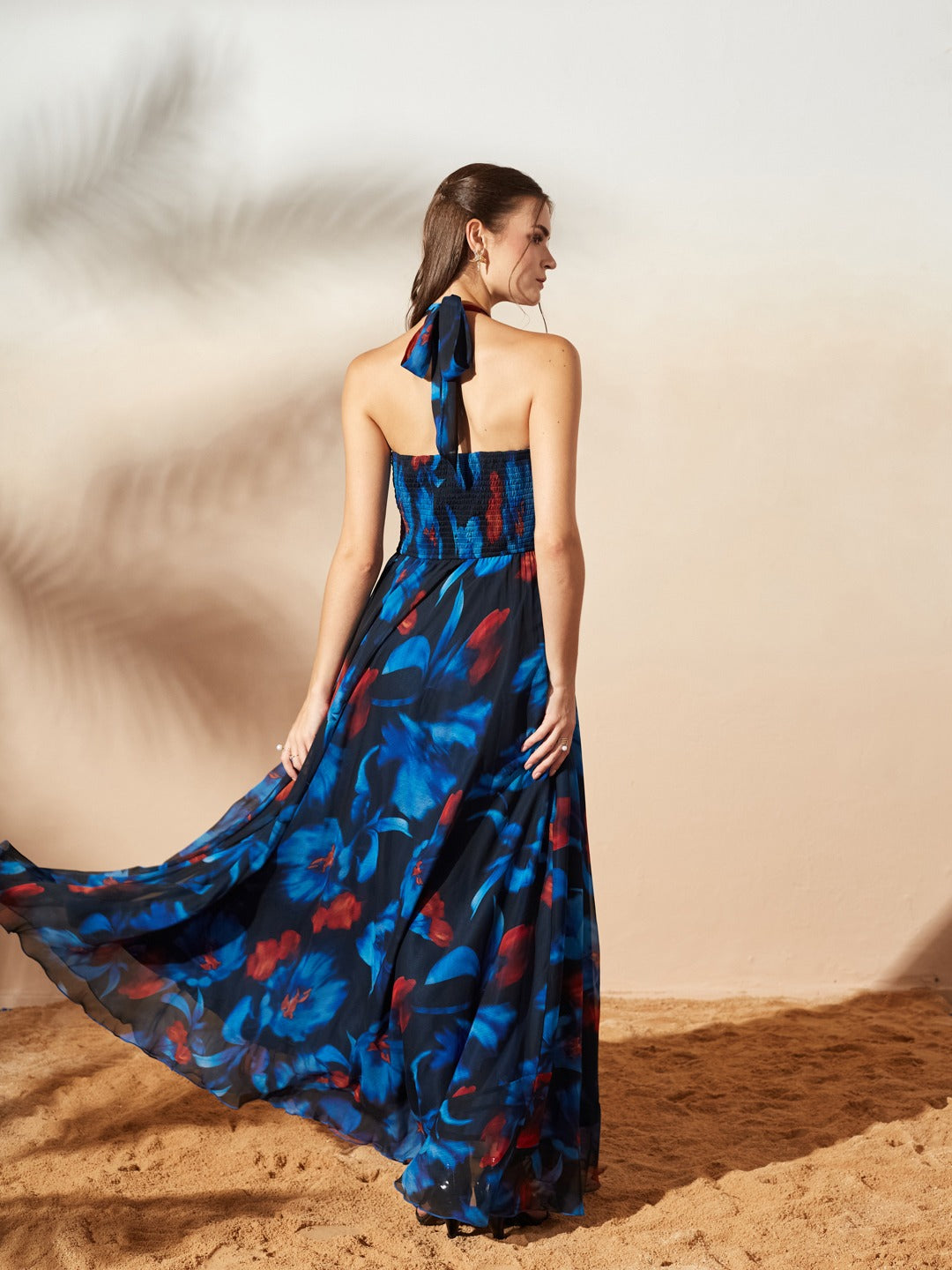 Navy Blue Halter Neck Printed Maxi Dress for Women