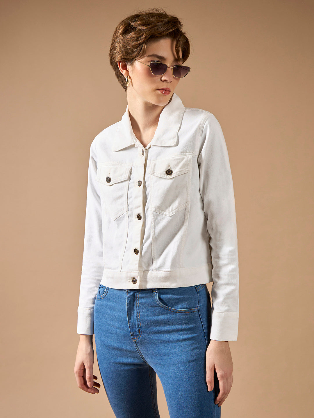 Women's White Polo Neck Full Sleeves Denim Solid Cropped Jacket