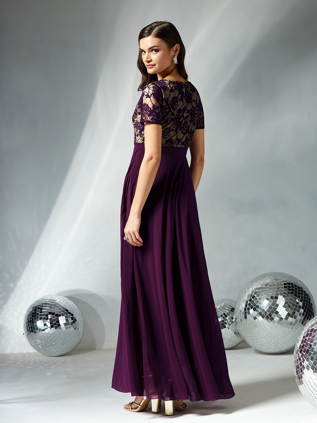 Women's Dark Purple Round Neck Half Sleeve Self Design Fit & Flare Georgette Maxi Dress