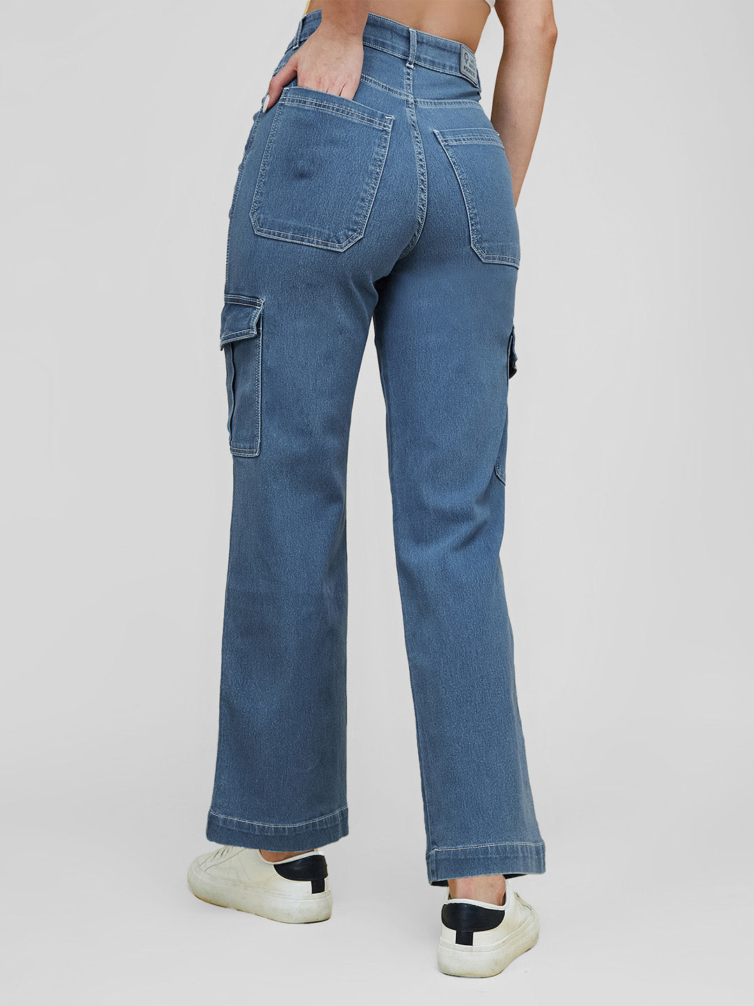 Women's Blue Wide-Leg High-Rise Clean-Look Regular Stretchable Denim Jeans