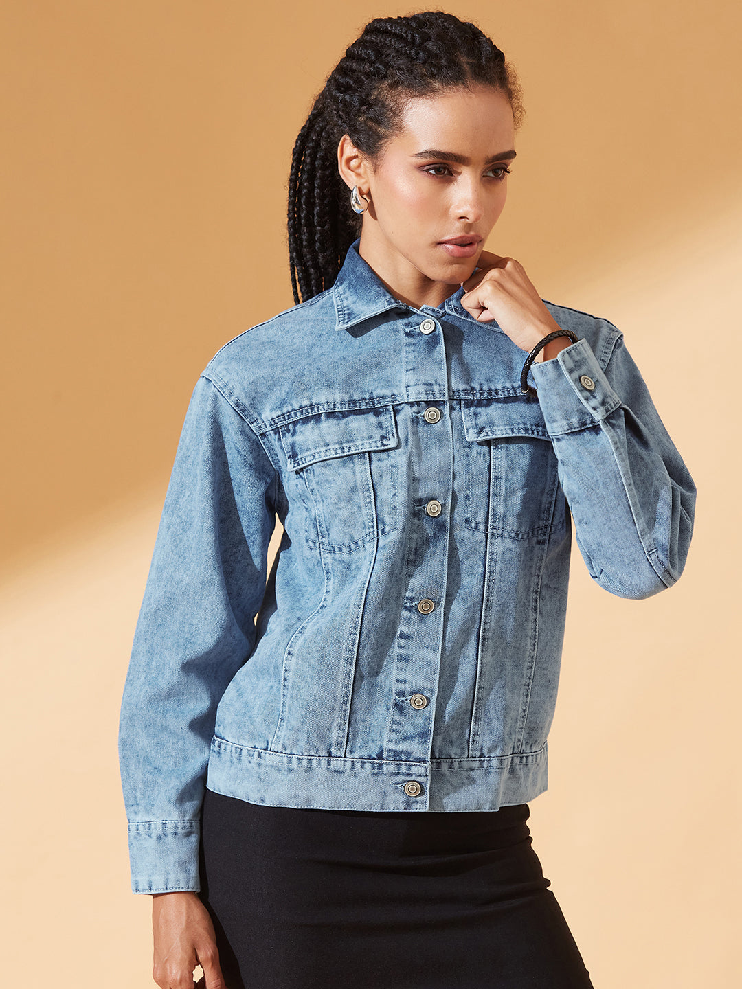 Light-Blue Collared Full Sleeve Solid Classic Denim Jacket for Women