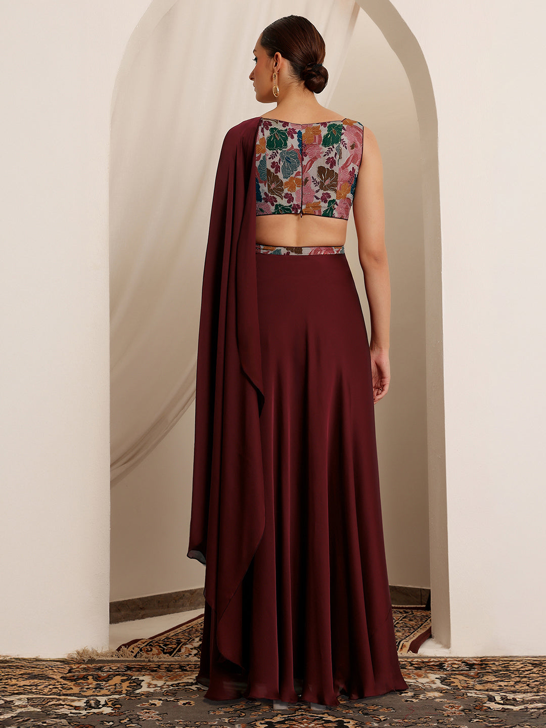 Women's Wine Square Neck Sleeveless Floral Layered Satin Maxi Dress