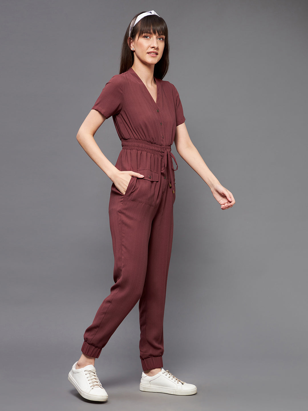 Women's Light Burgundy V-Neck Short Sleeve Solid Straight Leg Polyester Regular Jumpsuit
