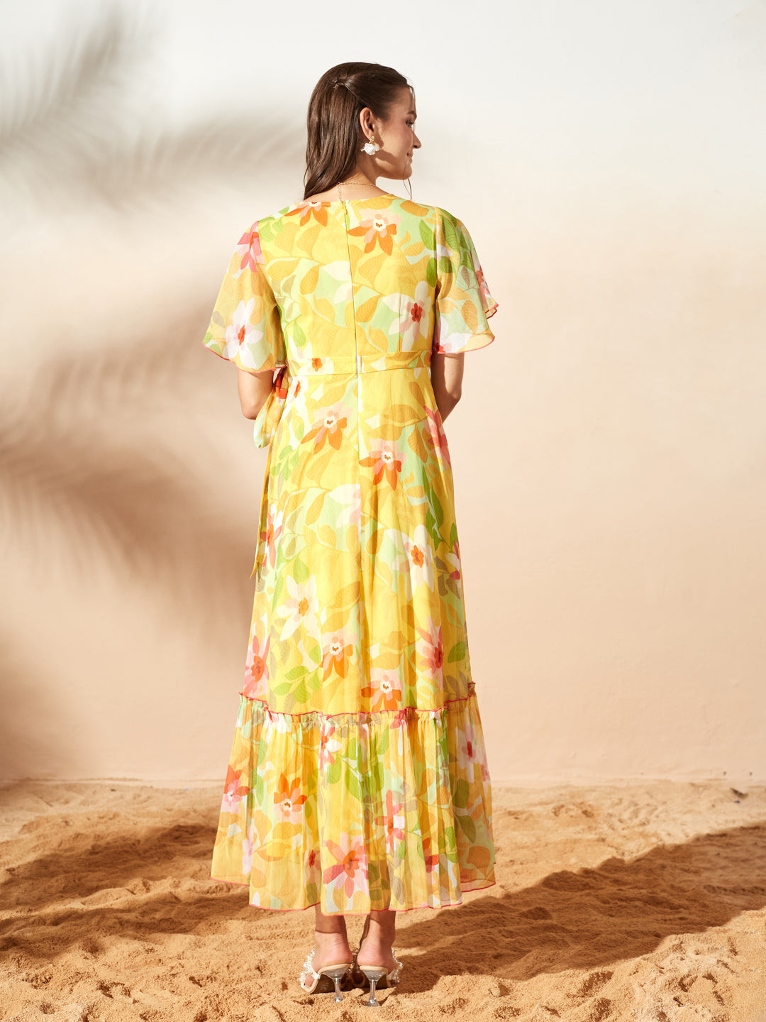 Butter Yellow Floral Printed Flutter Sleeves Maxi Dress for Women