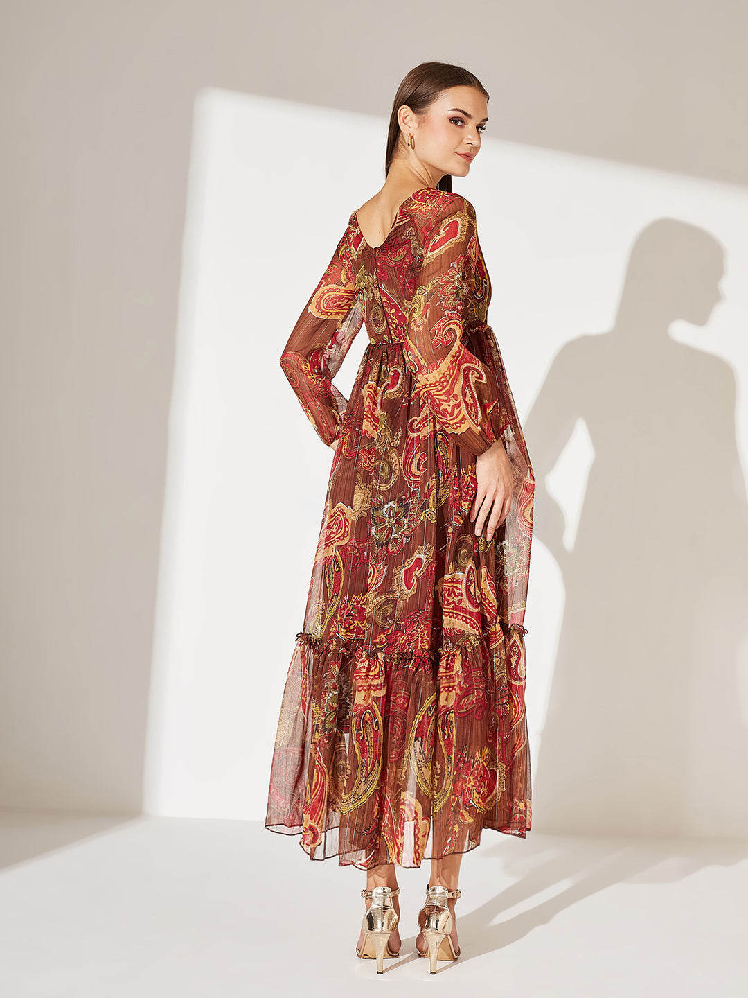 Women's Multicolored-Base-Brown Relaxed Fit Maxi Lurex Chiffon Dress