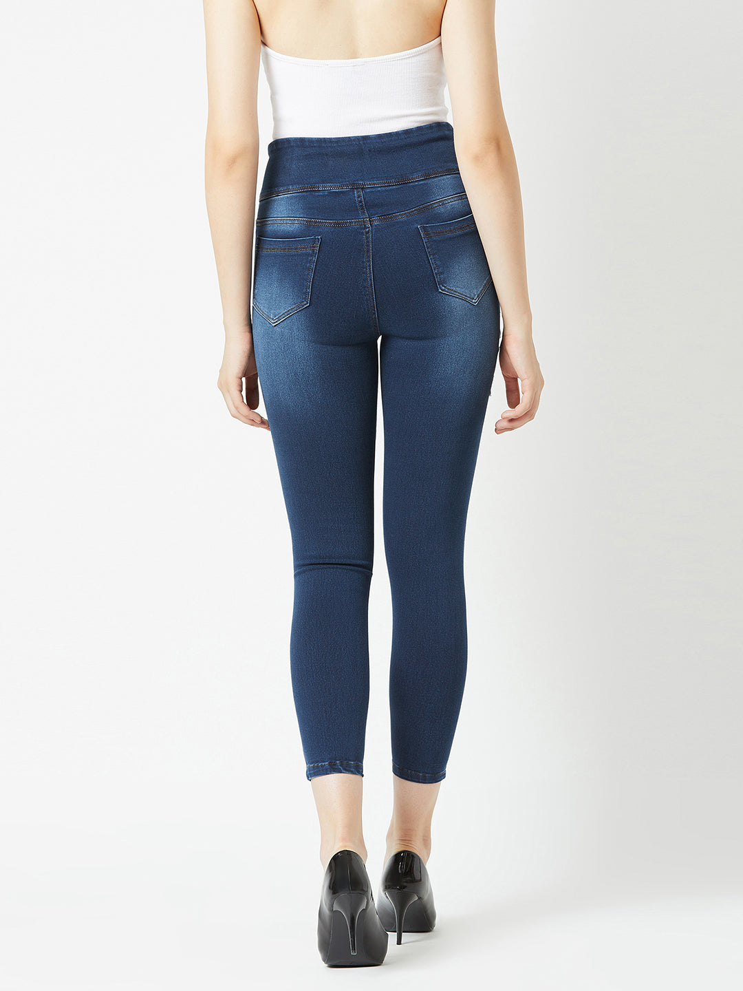 Women's Navy Blue Super Skinny-Fit with Printed Patch High-Rise Stretchable Regular Length Denim Jeggings
