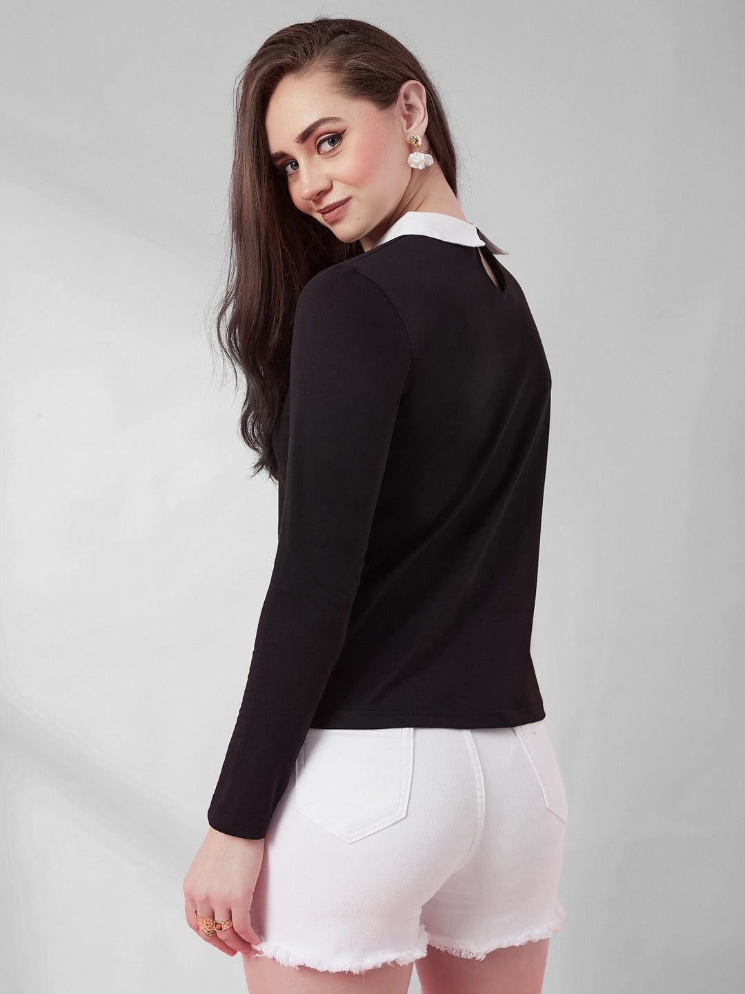 Black Collared Round Neck Full Sleeve Cotton Solid Buttoned Top for Women