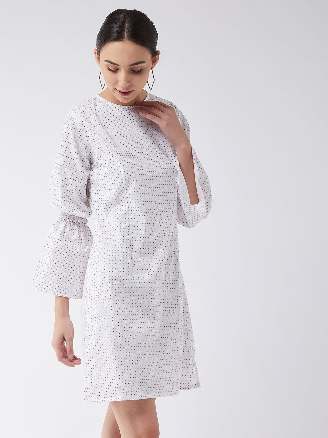 Women's Multicolored with Base White Round Neck Full Sleeve Cotton Geometric Print Smocked Detailing Knee-Long Dress