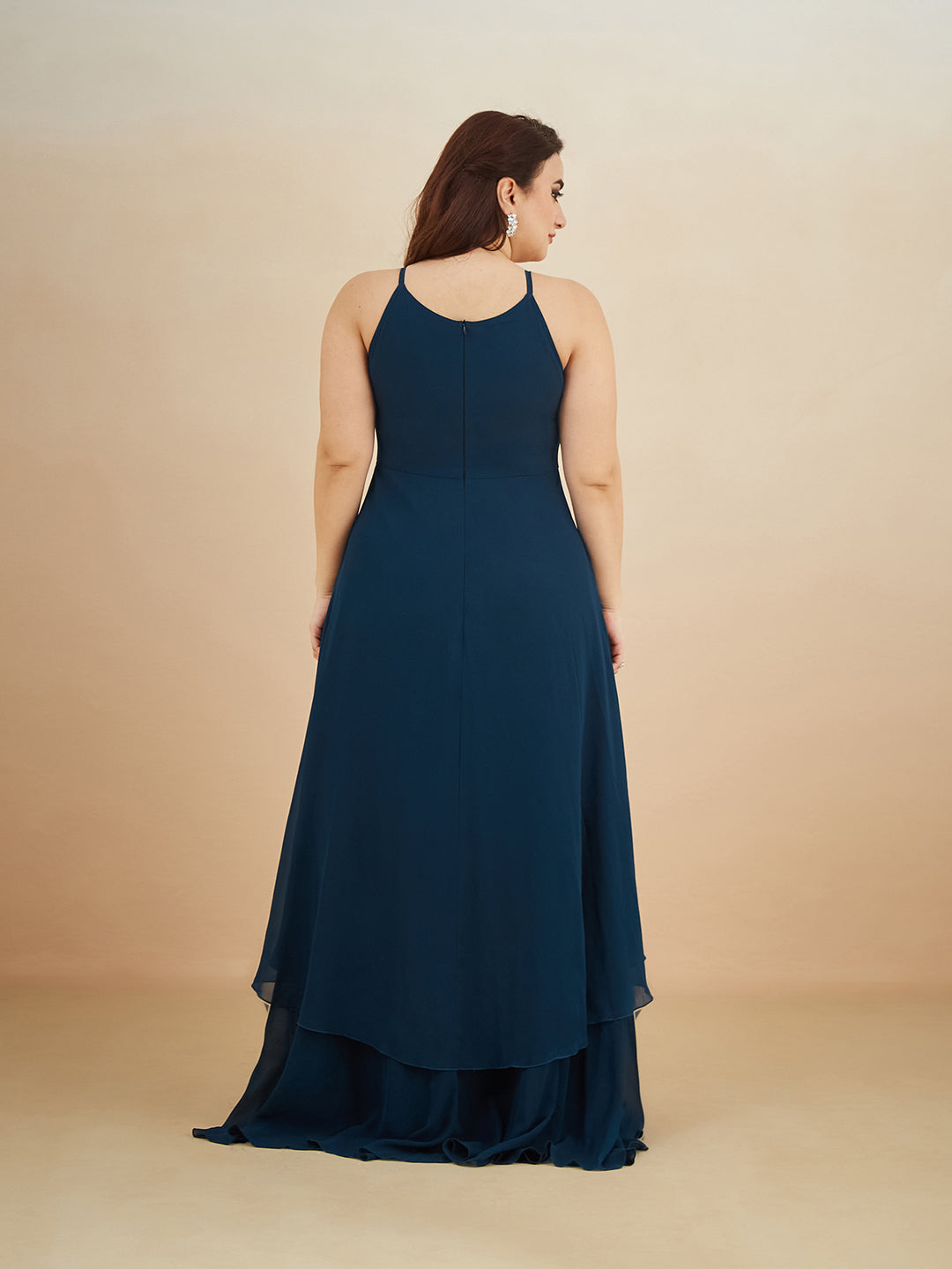 Teal Round Neck Sleeveless Solid Embellished Maxi Dress for Women