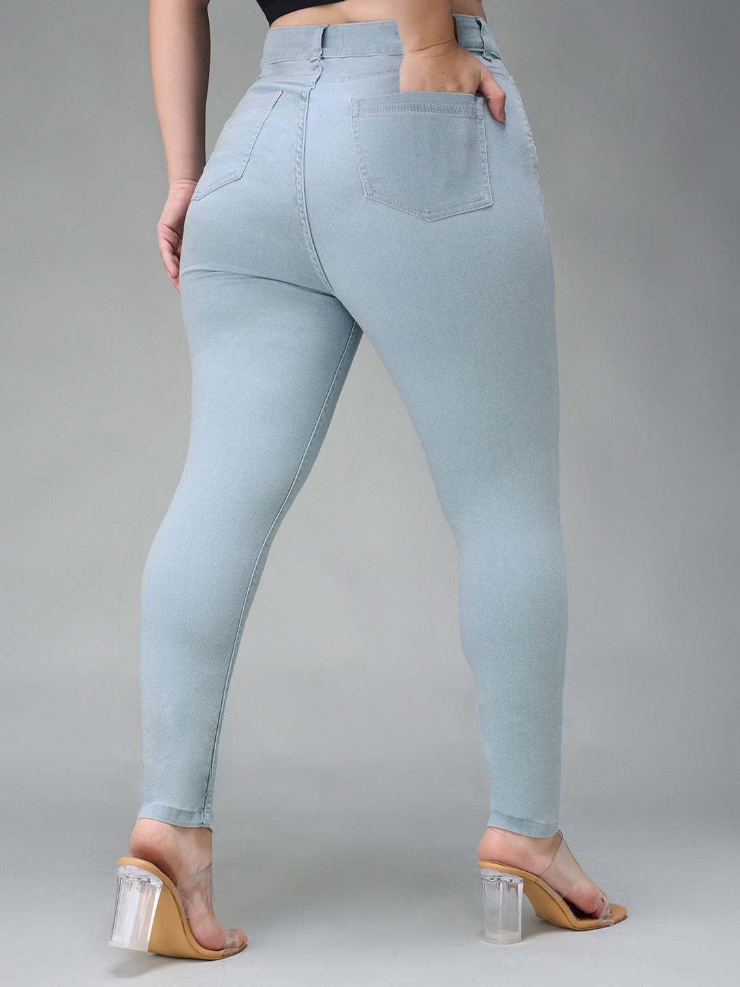 24/7 Comfort Light Blue Skinny Fringed Hemline Detailing High-Rise Cropped Solid Stretchable Denim Jeans