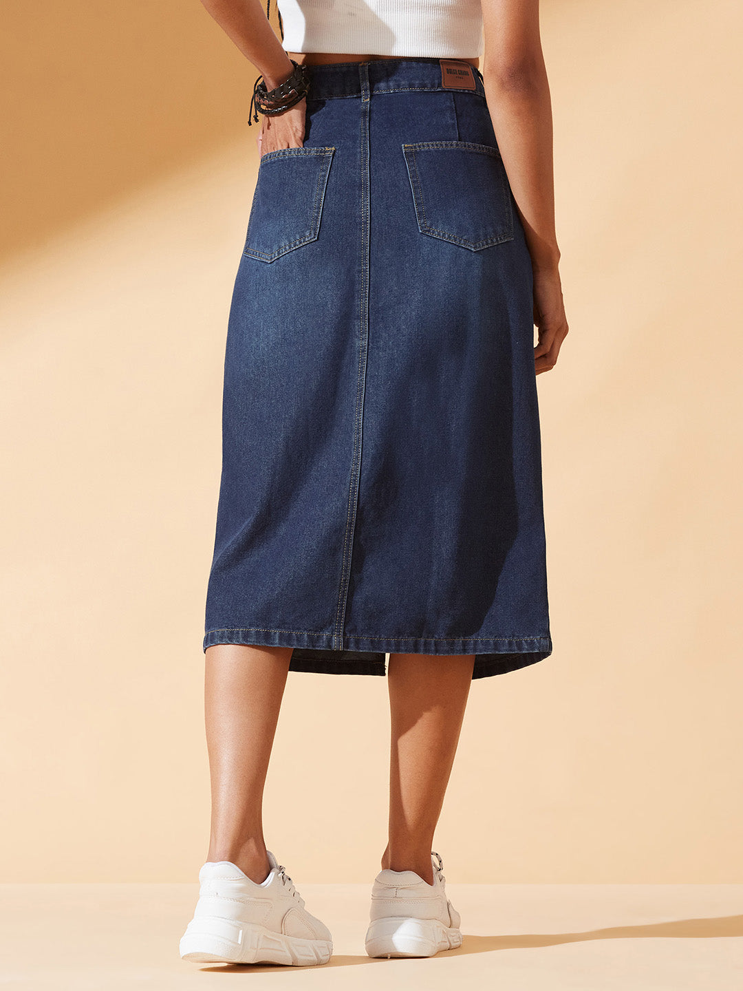 Dark Blue A-Line High-Rise Non-stretchable Denim Midi Skirt for Women