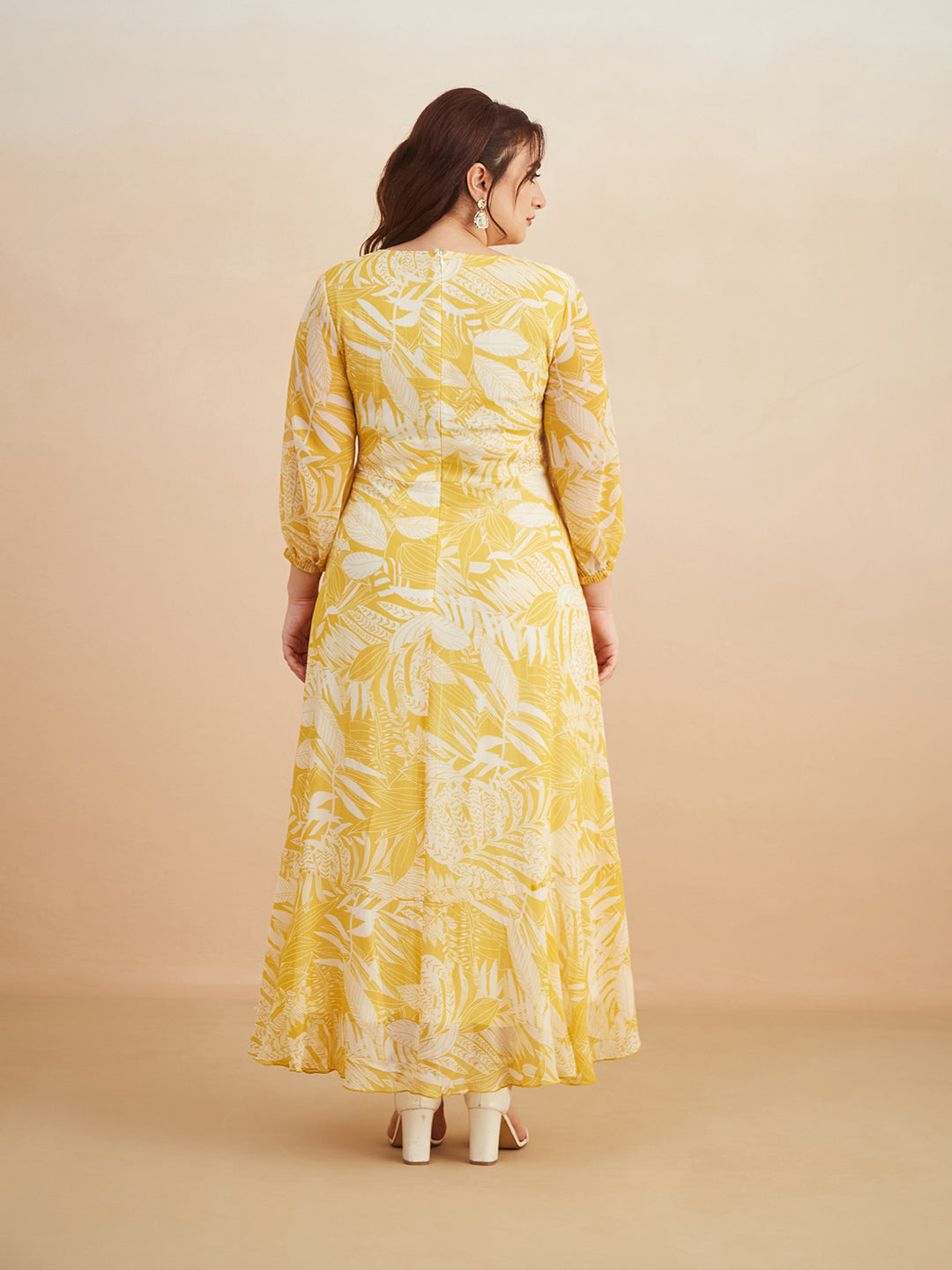 Yellow & White V neck Full sleeve Floral Layered Maxi Dress for Women