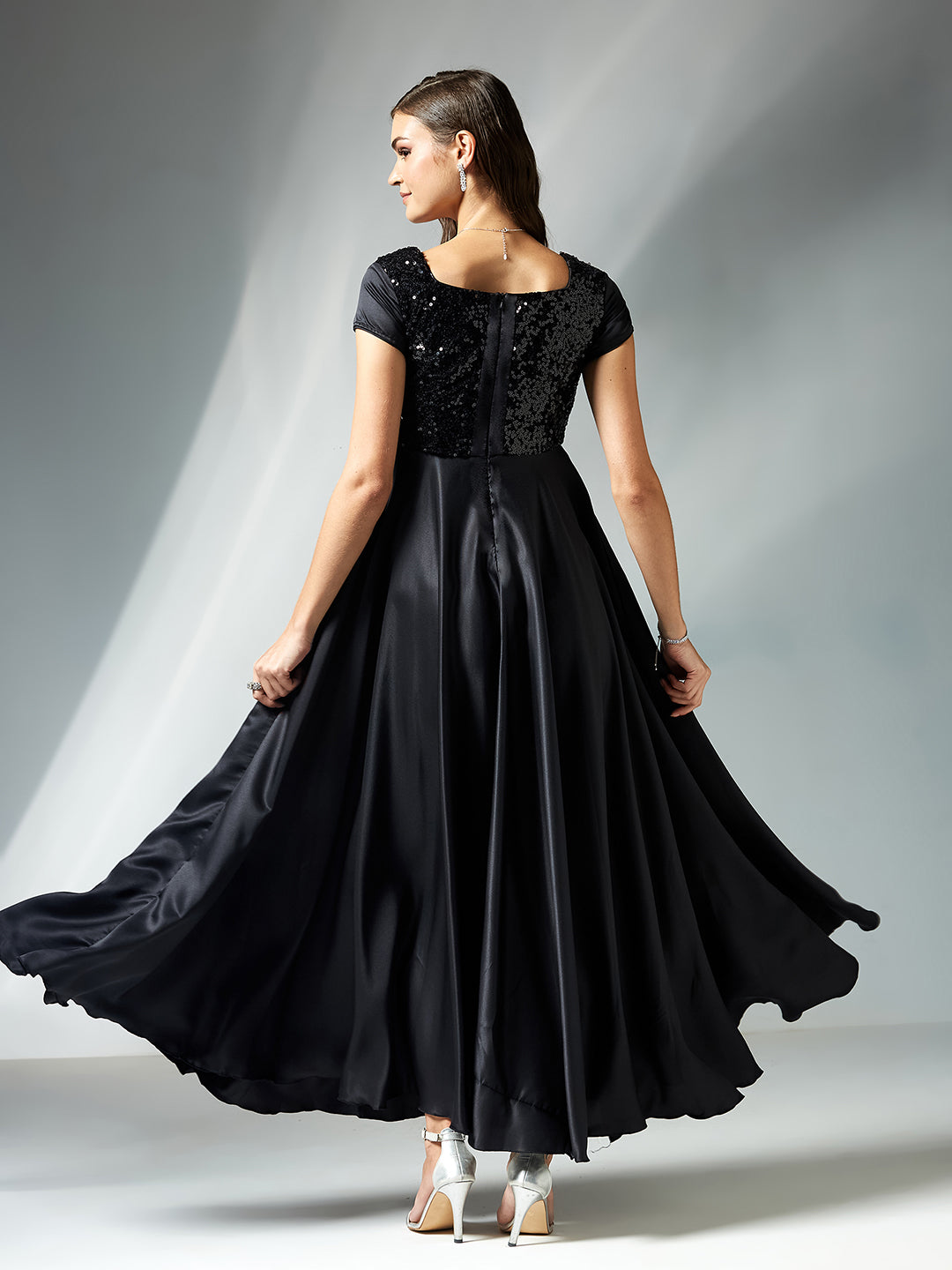 Women's Black Square Neck Short Sleeve Embellished Polyester Fit & Flare Maxi Dress