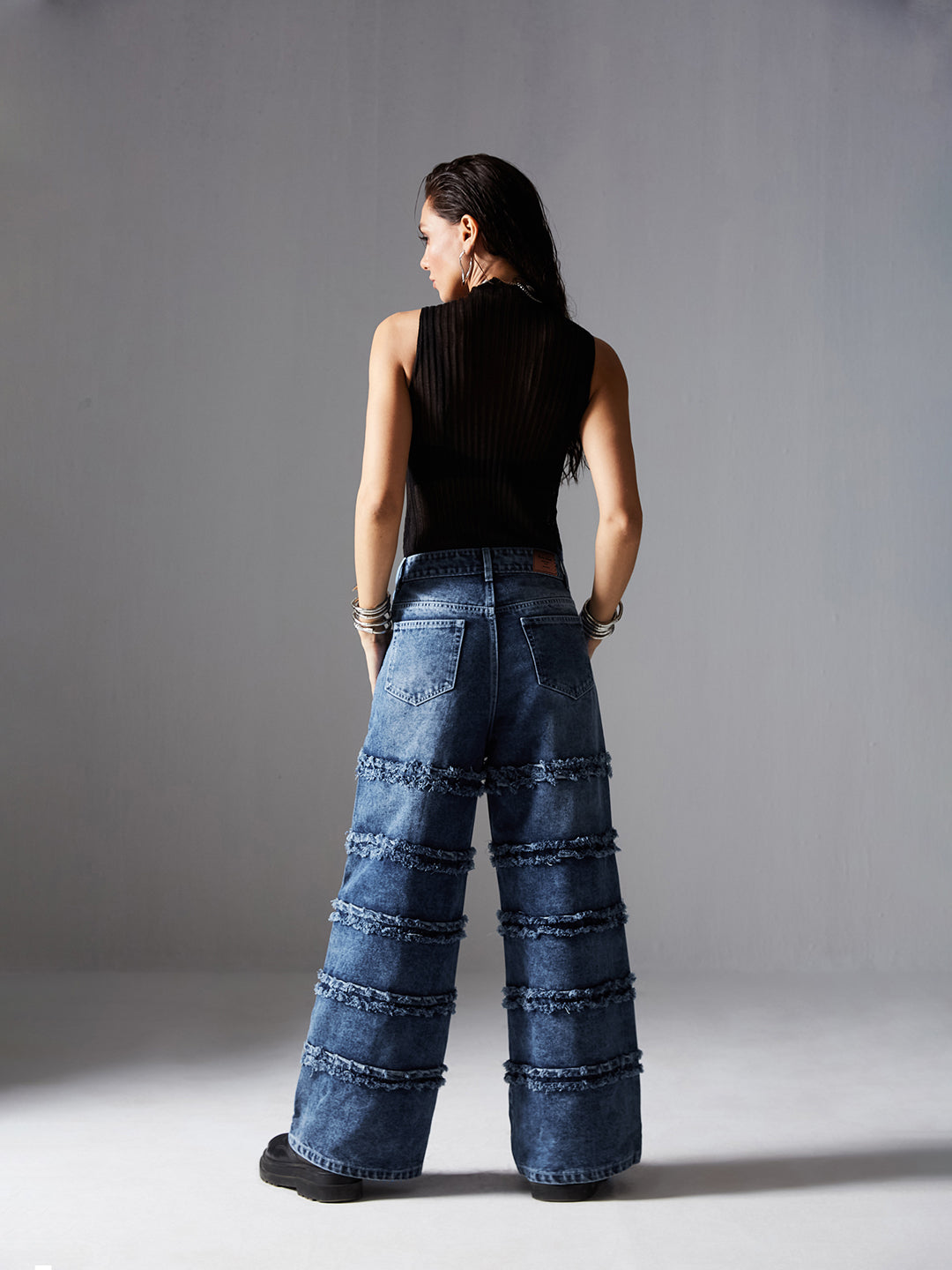 Women's Navy-Blue Wide-Leg High-Rise Highly-Distressed Regular-Length Denim Jeans