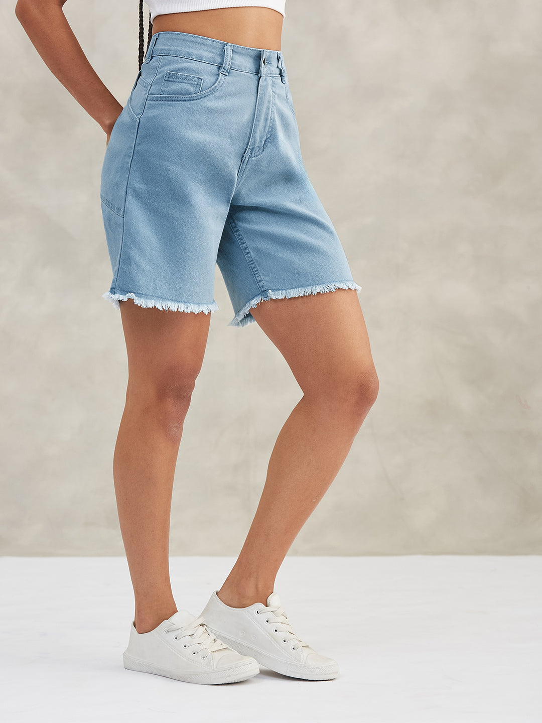 Women's Light Blue Regular High Rise Clean Look Above Knee Stretchable Denim Shorts