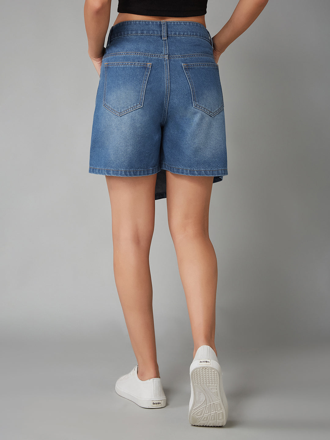 Women's Mid-Blue Regular High-Rise Clean-Look Regular Denim Skorts