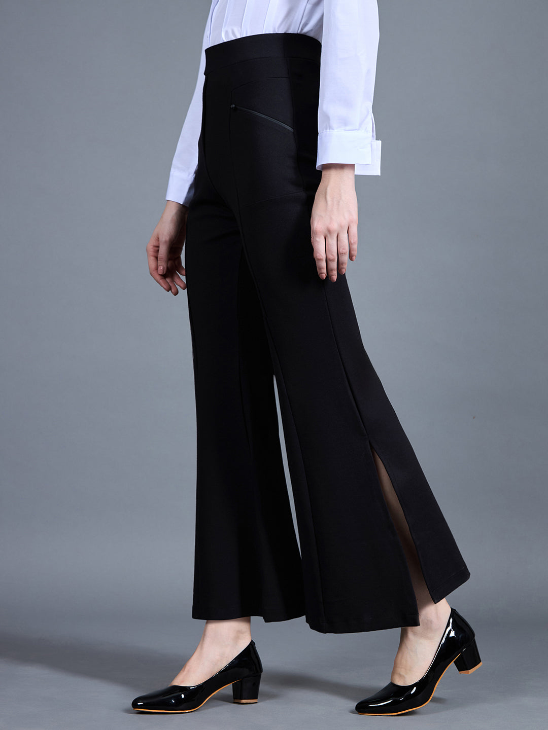 Women's Black Viscose Solid Side Slit Bootcut Regular Trouser