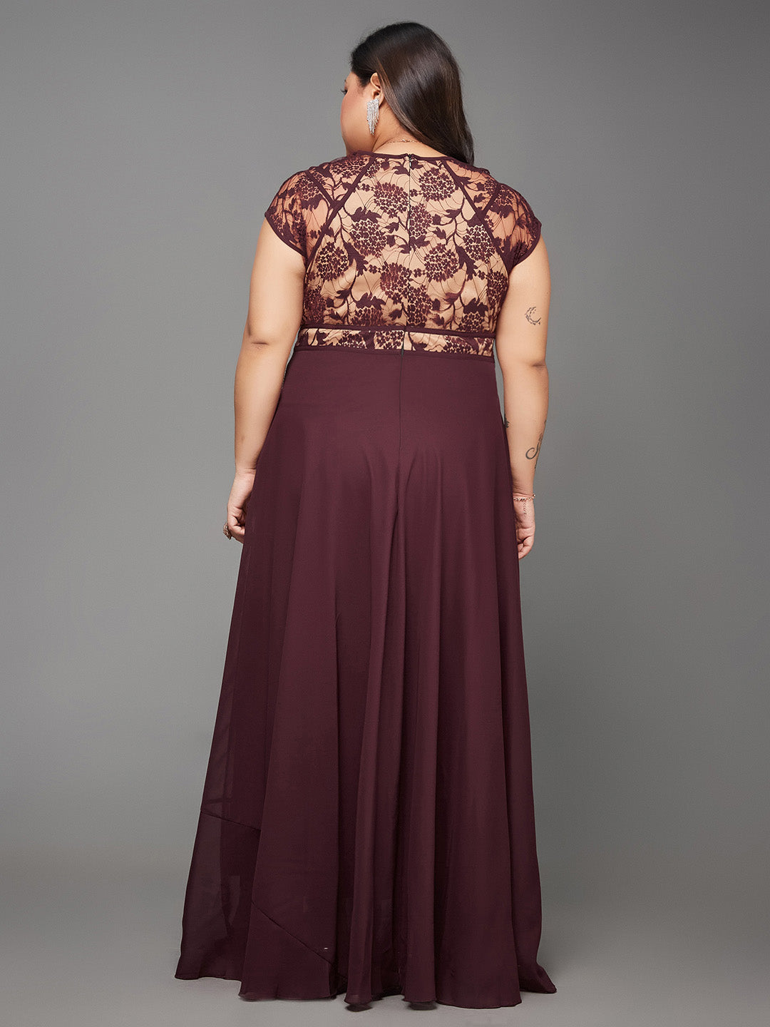Body Bliss Wine & Beige Floral Lace Overlaid Fit & Flare Paneled Maxi Dress