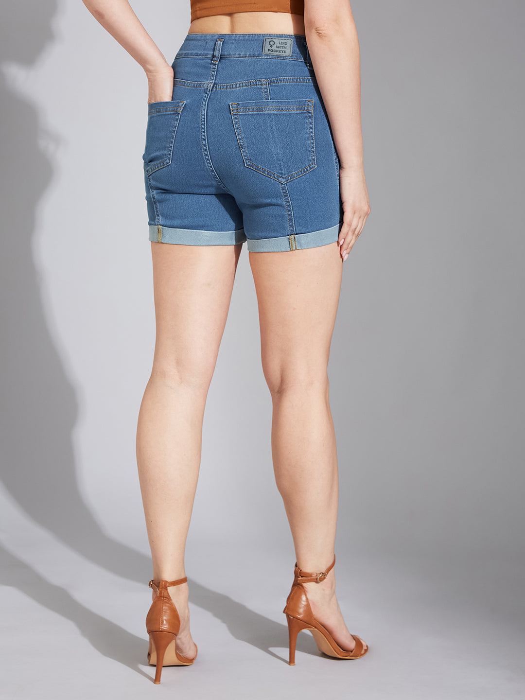 Blue Relaxed-Fit High-Rise Clean-Look Stretchable Blue Denim Shorts for Women — Life With Pockets