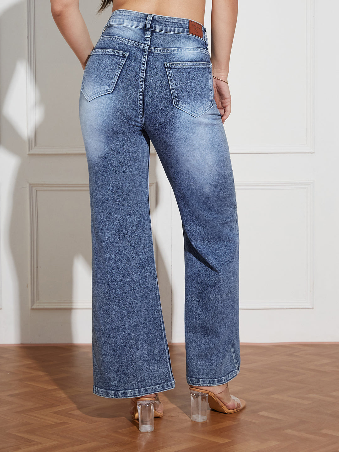 Women's Light Blue Wide-Leg High-Rise Clean-Look Regular-Length Stretchable Denim Jeans