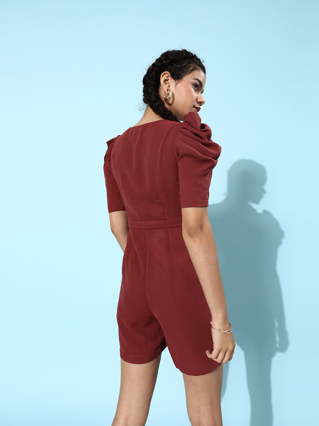 Women's Light Burgundy V Neck Pleated Solid Power Shoulder Mini Playsuit