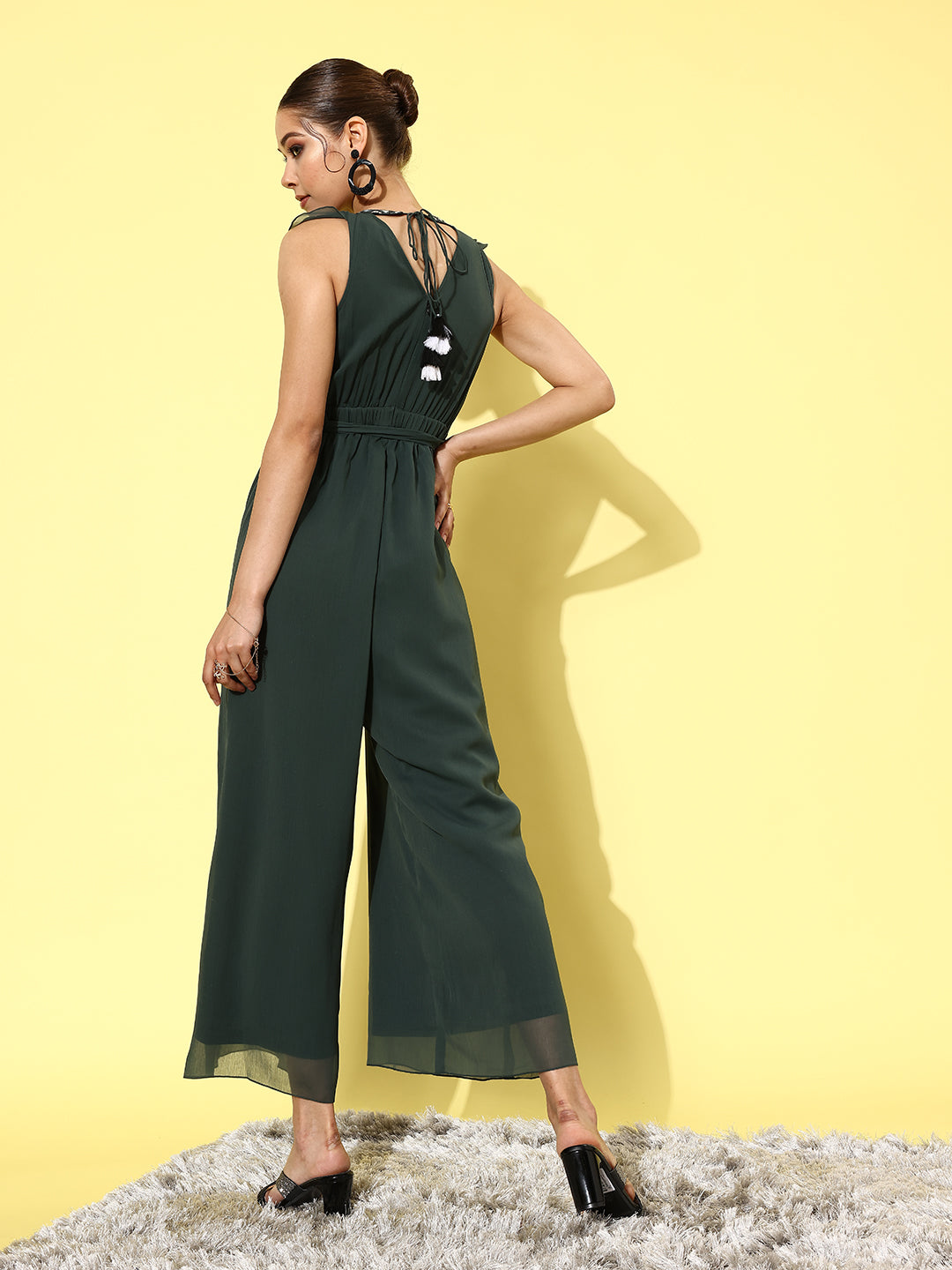Women's Dark Green Round Neck Ruffled Sleeve Solid Embroidered Regular Jumpsuit