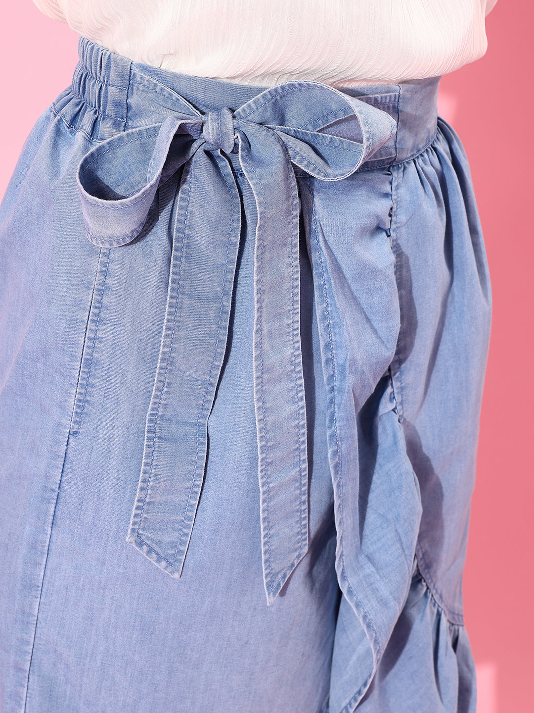 Women's Light Blue Regular High-Rise Clean-Look Knee-Length Non-Stretchable Denim Skirt