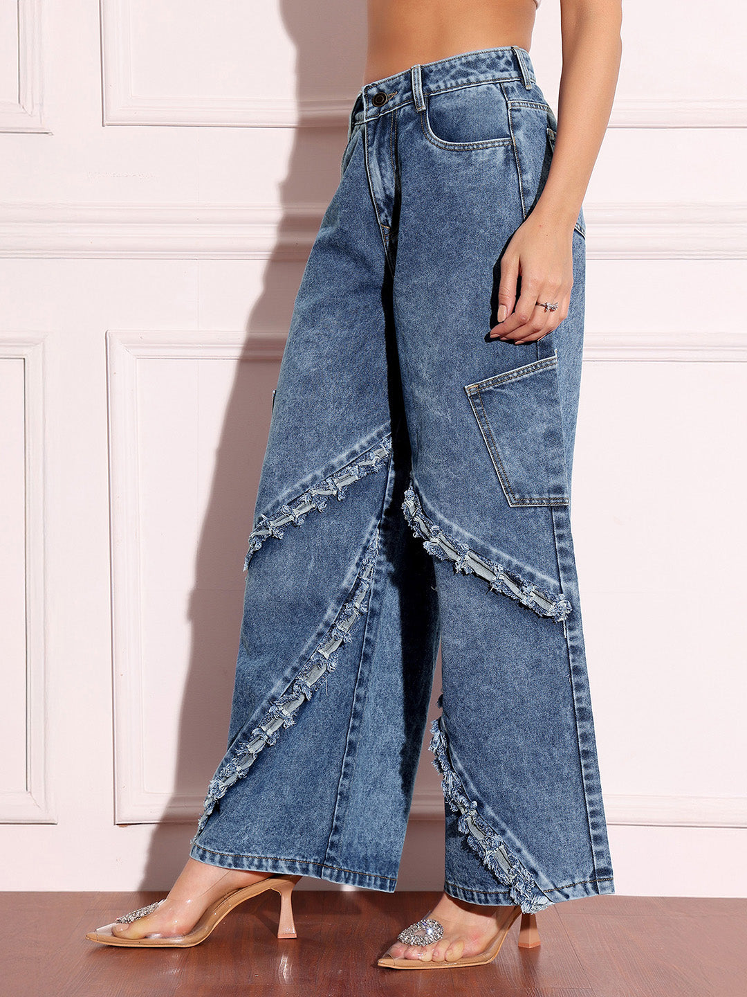 Women's Navy-Blue Wide-Leg High-Rise Highly-Distressed Regular-Length Denim Jeans
