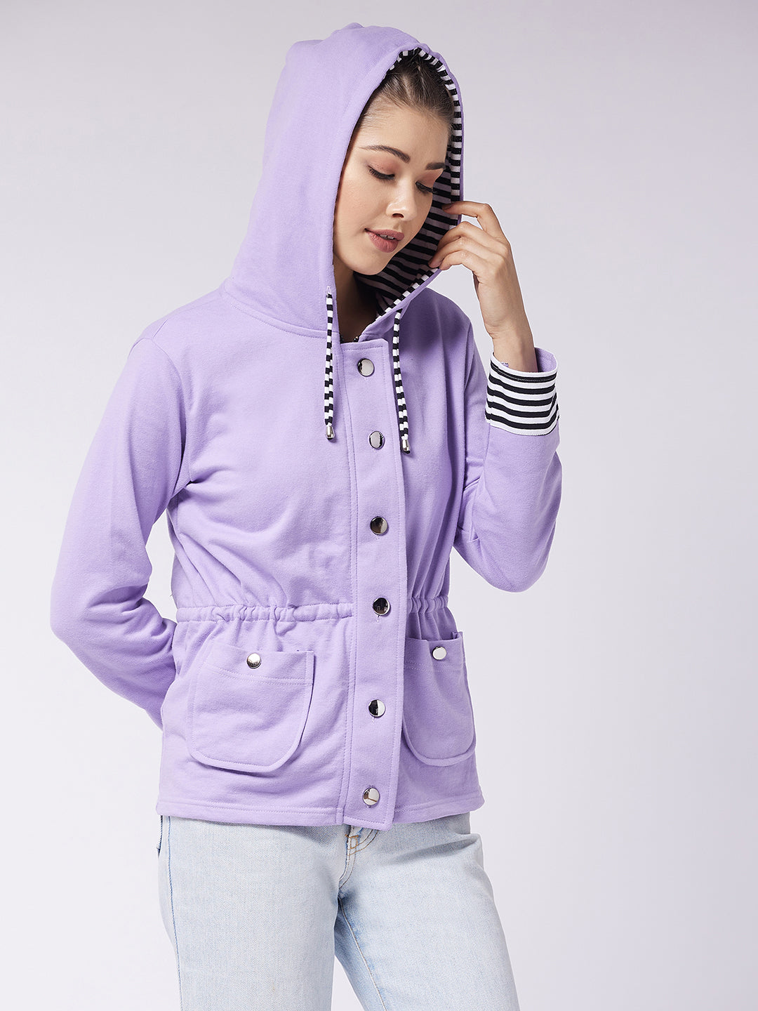 Women's Multicolored-Base-Lavender Hooded Full Sleeve Solid Waist Tie-Up Regular Jacket