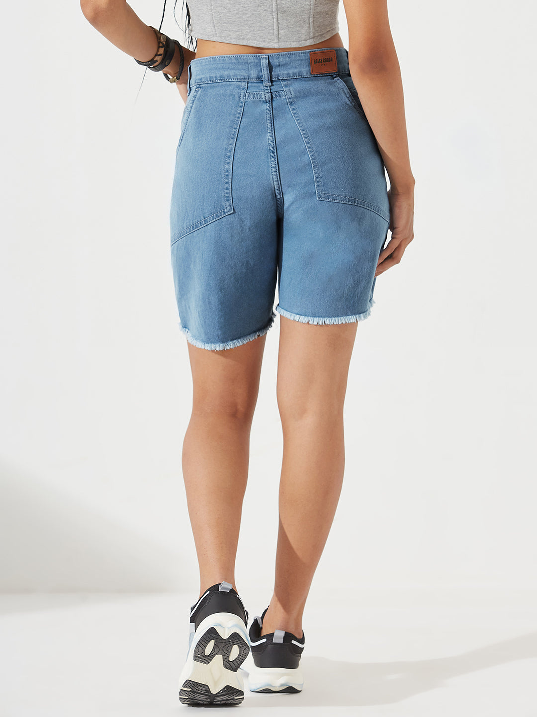 Light-Blue Regular High-Rise Above Knee Stretchable Denim Shorts for Women