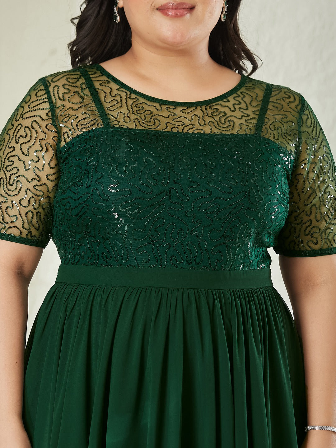Dark Green Relaxed Fit Maxi Georgette & Sequins Dress for Women