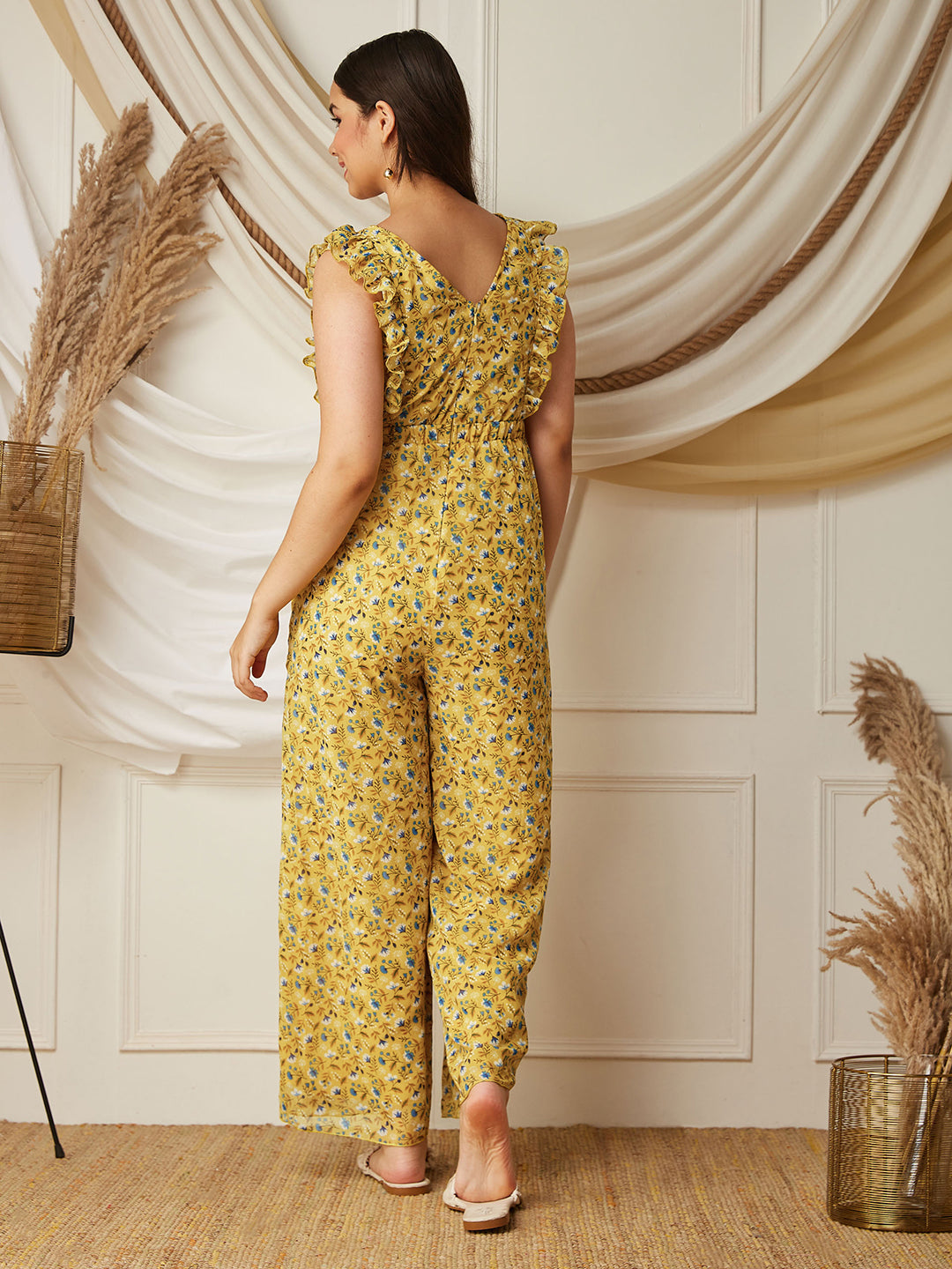 Multicolored-Base-Yellow Round neck Sleeveless Floral Wide Leg Regular Jumpsuit