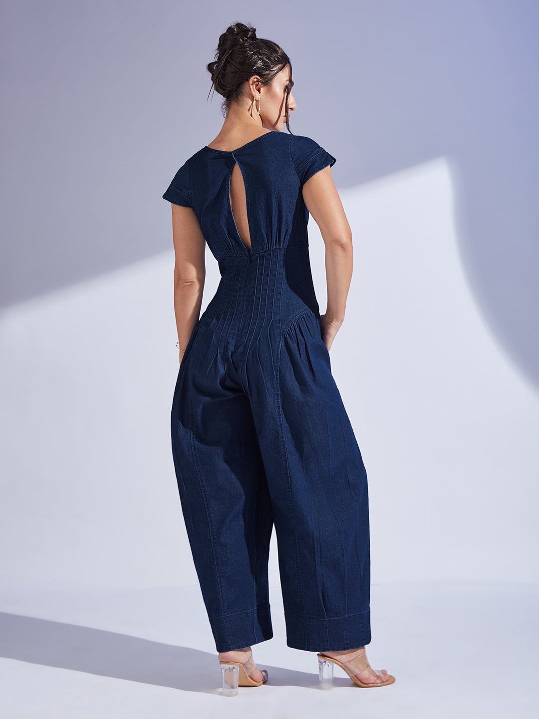 Women's Navy Blue Scoop Neck Cap Sleeve Pin Tucked Dhoti Style Denim Jumpsuit