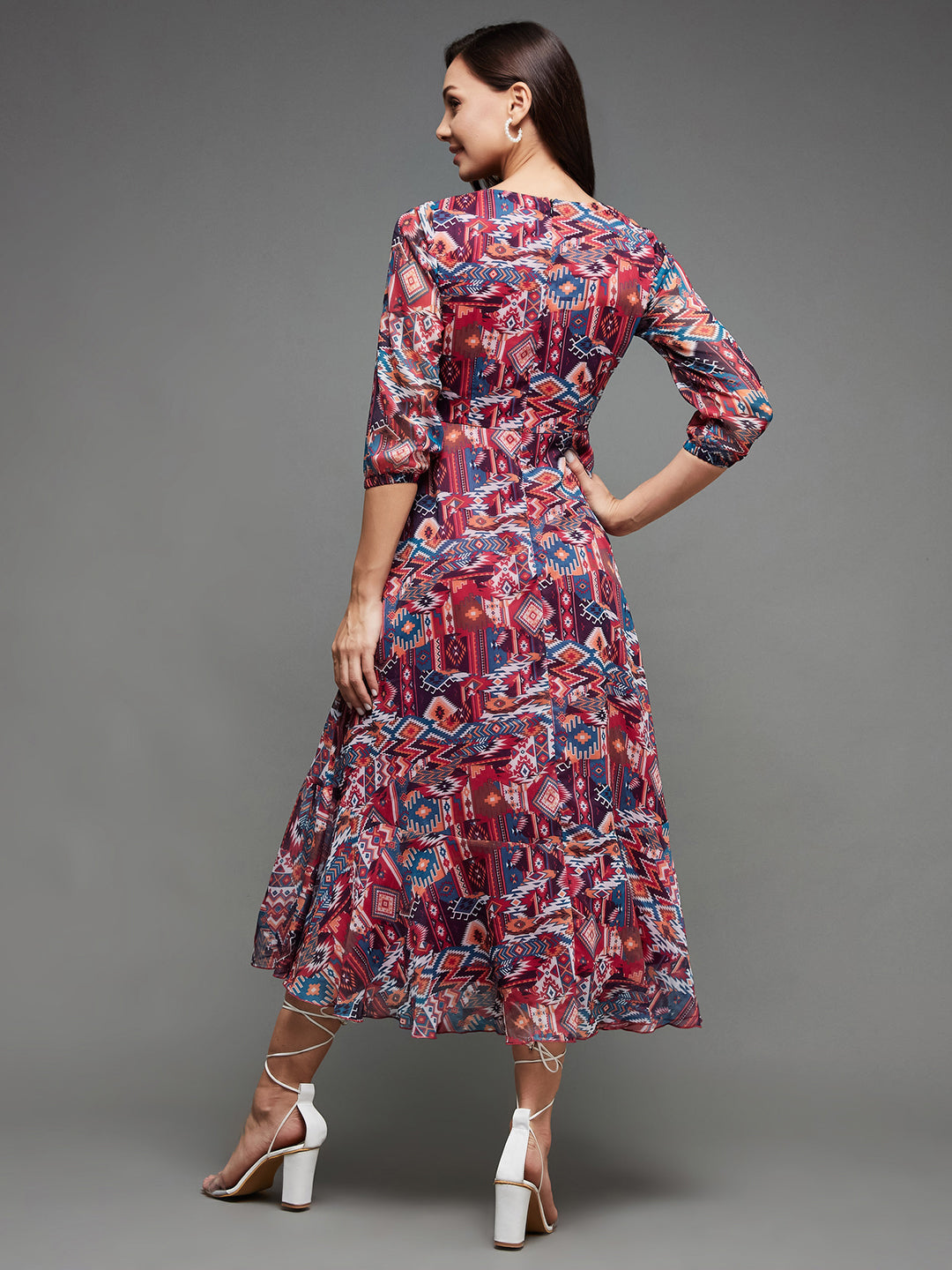 Women's Multicolored V-Neck Three-Quarter Sleeve Geometric Patterned Wrap Midi Chiffon Dress