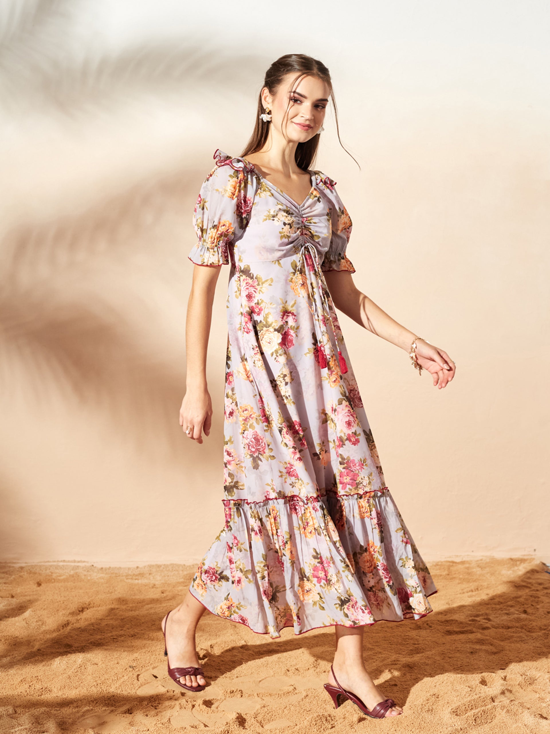 Grey Multicoloured Floral Printed Puff Sleeves Sweetheart Neck Fit and Flare Maxi Dress for Women