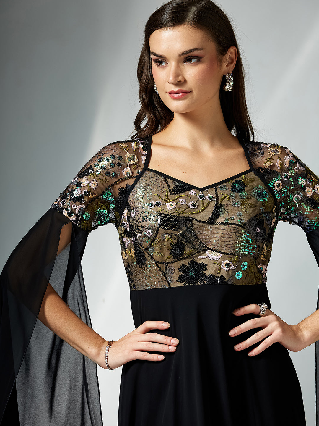 Women's Black Sweet-Heart Full Sleeve Embellished Slit Sleeve Maxi Georgette Dress